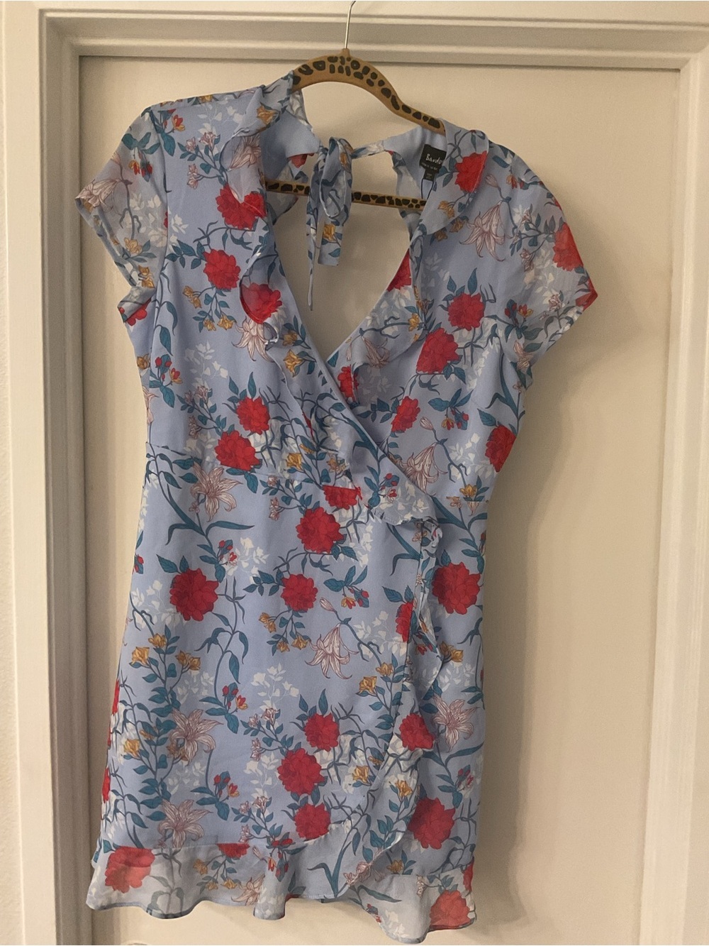 Bardot Sky Blue Floral Wrap Mini Dress with Red Blooms